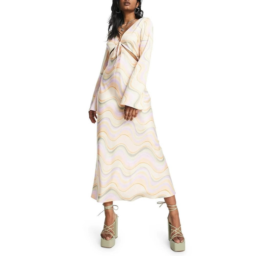 Topshop Womens Cutout Bell Sleeve Satin Midi Dress in Marble Print Size 12